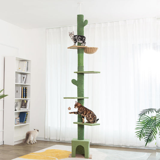 Meow Sir Floor to Ceiling Cat Tree Ajustable Height [82-108 Inches=208-275cm] 6 Tiers Tower Fit for 7-9 Feet Ceiling with Cat Condo Hammock and Sisal Covered Post for Indoor Cats-Green Cactus