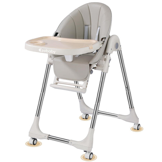 Ezebaby Baby High Chair, Portable High Chair with Adjustable Heigh and Recline, Foldable High Chair for Babies and Toddler with 4 Wheels, High Chair for Toddlers with Removable Tray-(Grey)