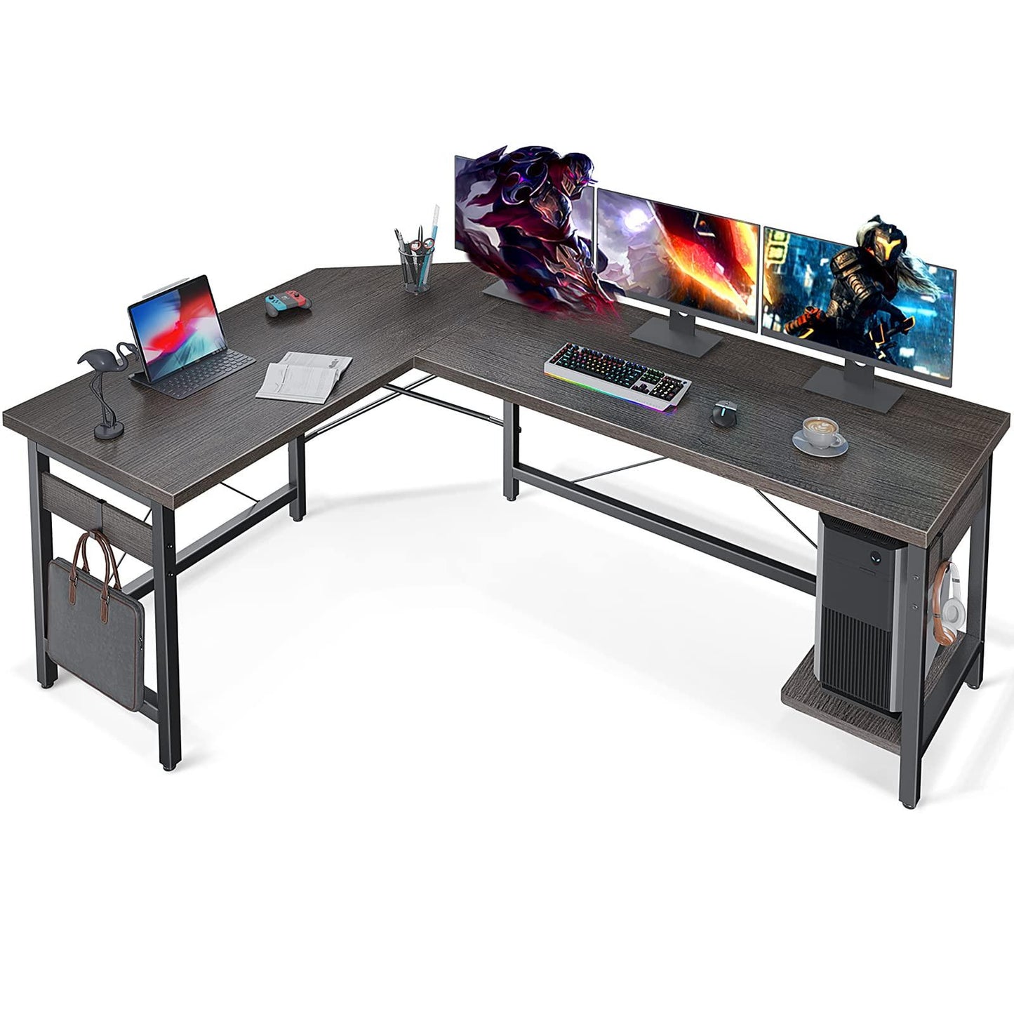 Coleshome 59" L Shaped Gaming Desk, Corner Computer Desk, Sturdy Home Office Computer Table, Writing Desk, Larger Gaming Desk Workstation, Grey Oak