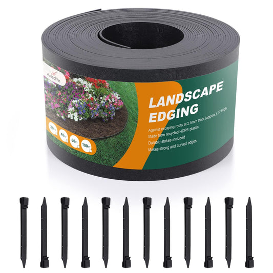 Black Plastic Garden Landscape Edging, 5” Tall Border Coil, Flexible and Strengthened with Anti-UV Treatment (100ft with 30pcs Stakes)