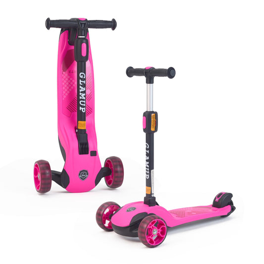 GLAMUP Kick Scooter for Kids Ages 3-14, 3 Wheel Scooter for Kids with LED Lights, Foldable Kids Scooter with Adjustable Height, Extra Wide Deck for Boys and Girls, Peach