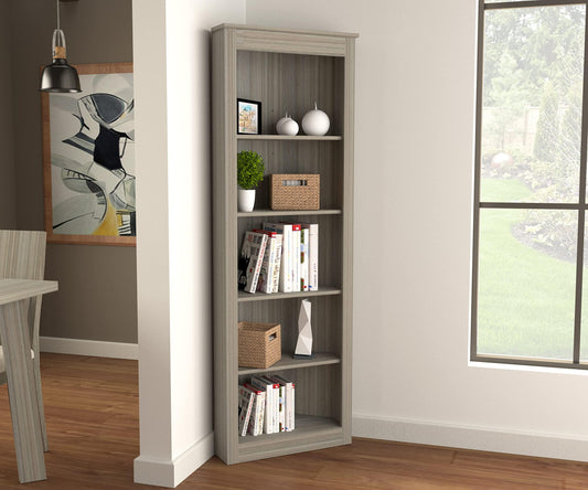 Inval 71" Corner Bookcase with 5 Open Shelves, Modern 5-Shelf Wood Bookcase with Space-Saving Corner Design, Gray Smoke Oak