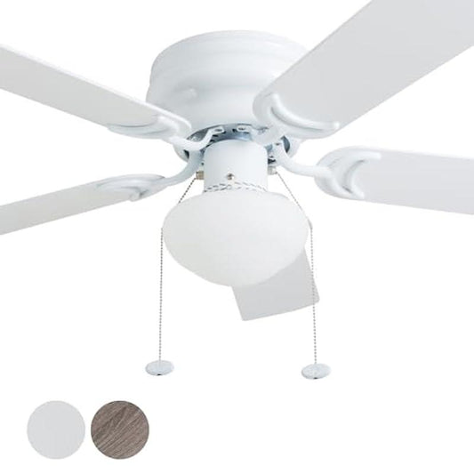 Prominence Home Alvina, 42 Inch Traditional Flush Mount Indoor LED Ceiling Fan with Light, Pull Chain, Dual Finish Blades, Reversible Motor - 80092-01 (White)