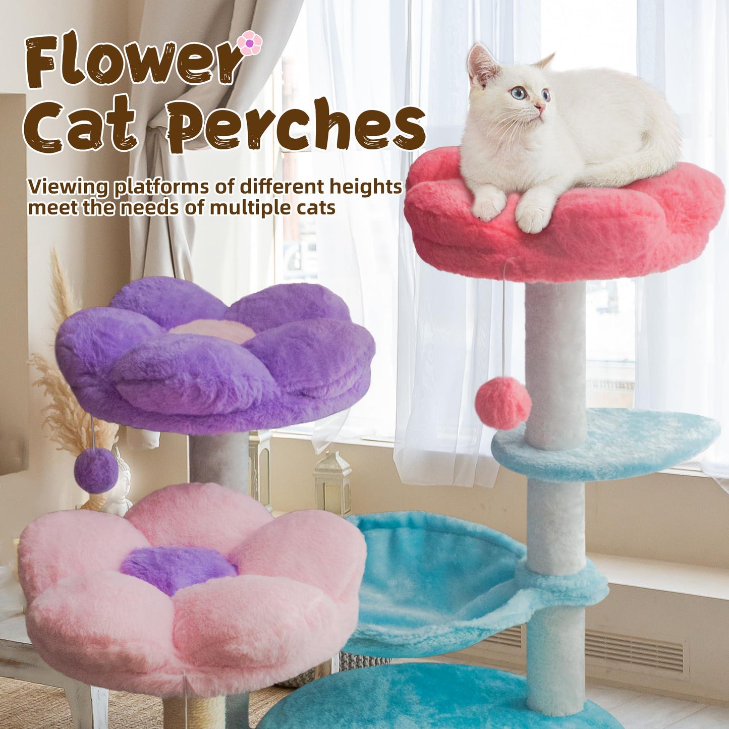 Flower Cat Tree, 42'' Cute Cat Tower with Large Metal Frame Hammock, Small Cat Tree Tower for Cats