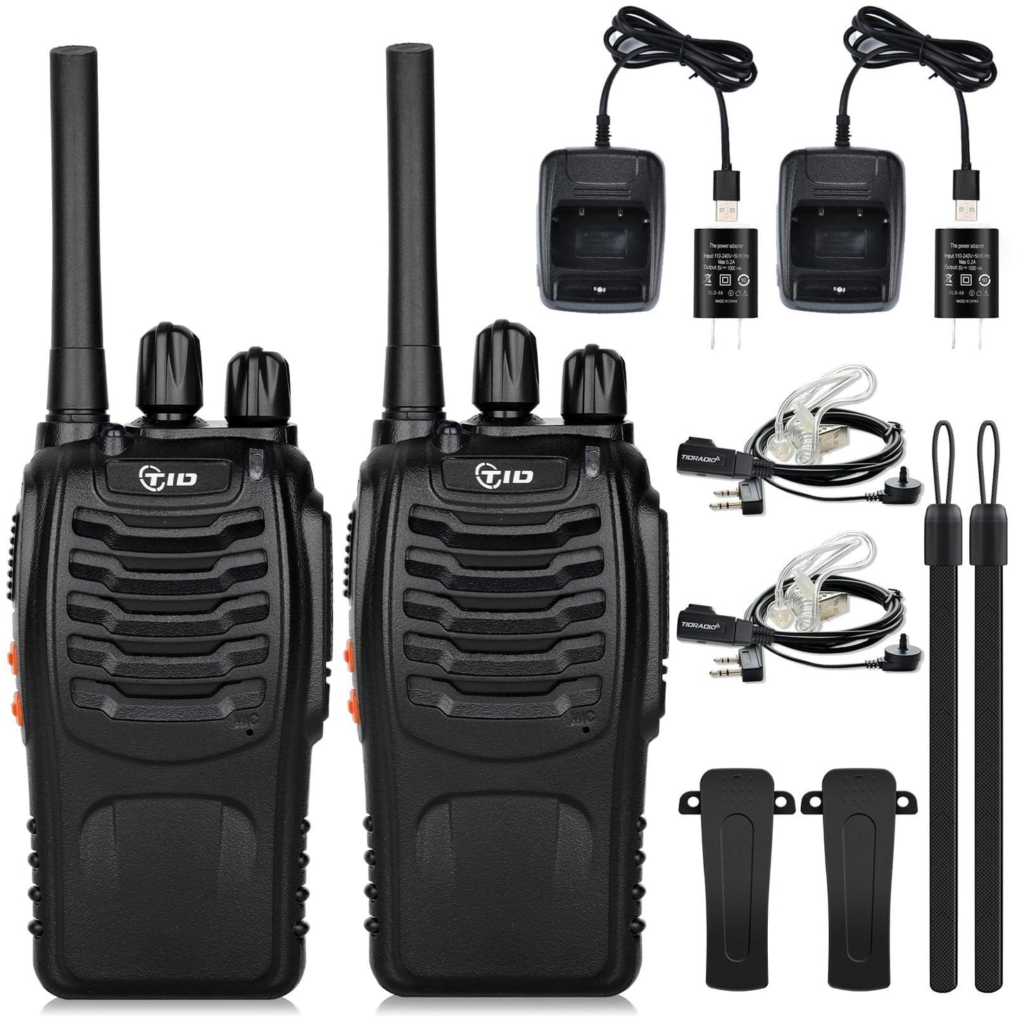 TIDRADIO TD-V2 Walkie Talkies for Adults Long Range, Frequency Copy, Rechargeable Two Way Radio Earpiece with MIC,16 Channels Handheld Walkie-Walkie for Kids(2 Pack, Black)