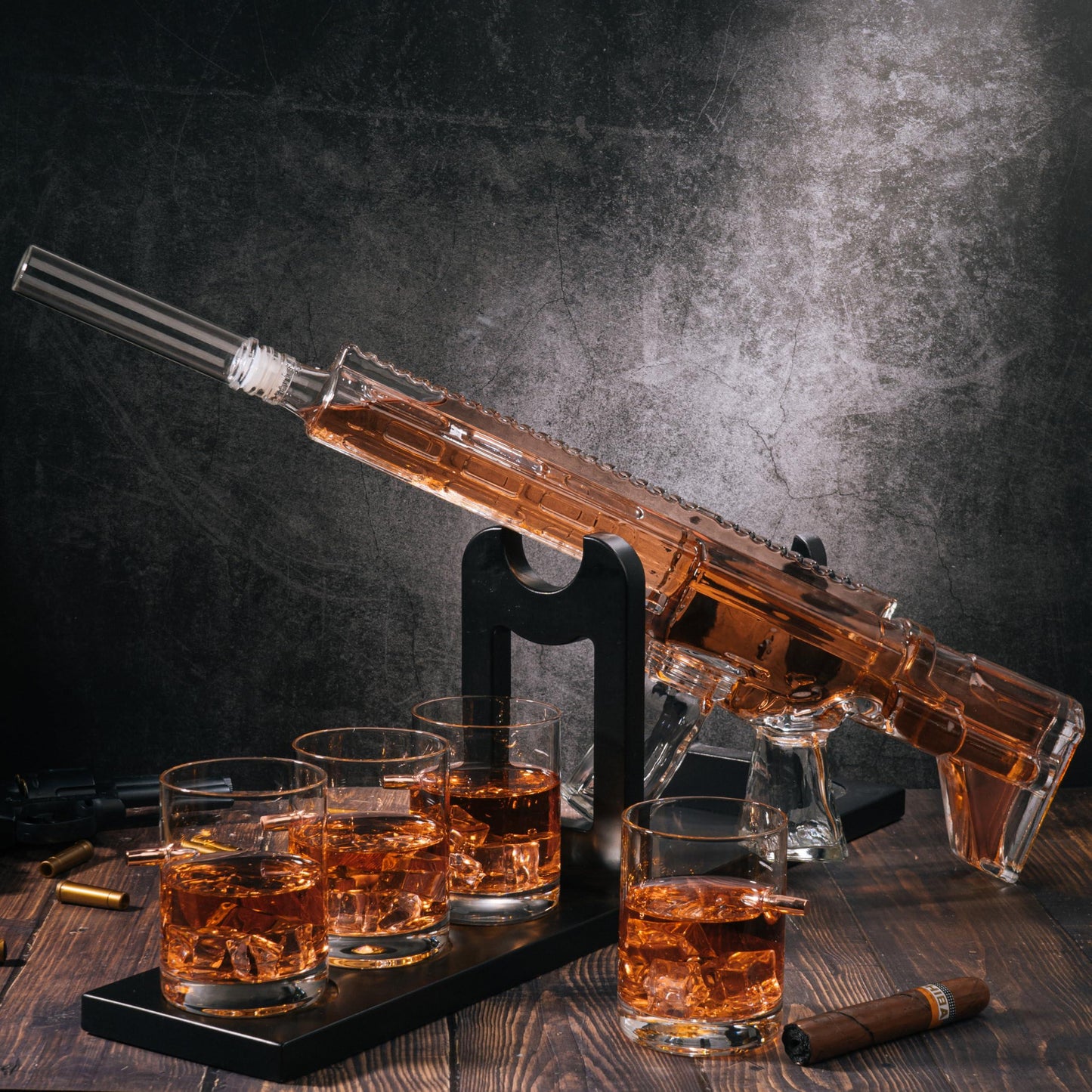 Gifts for Men Dad, Whiskey Decanter Set - Gun AR Limited Edition, Silencer Stopper - 800 ml & 12oz Bullet Glasses -