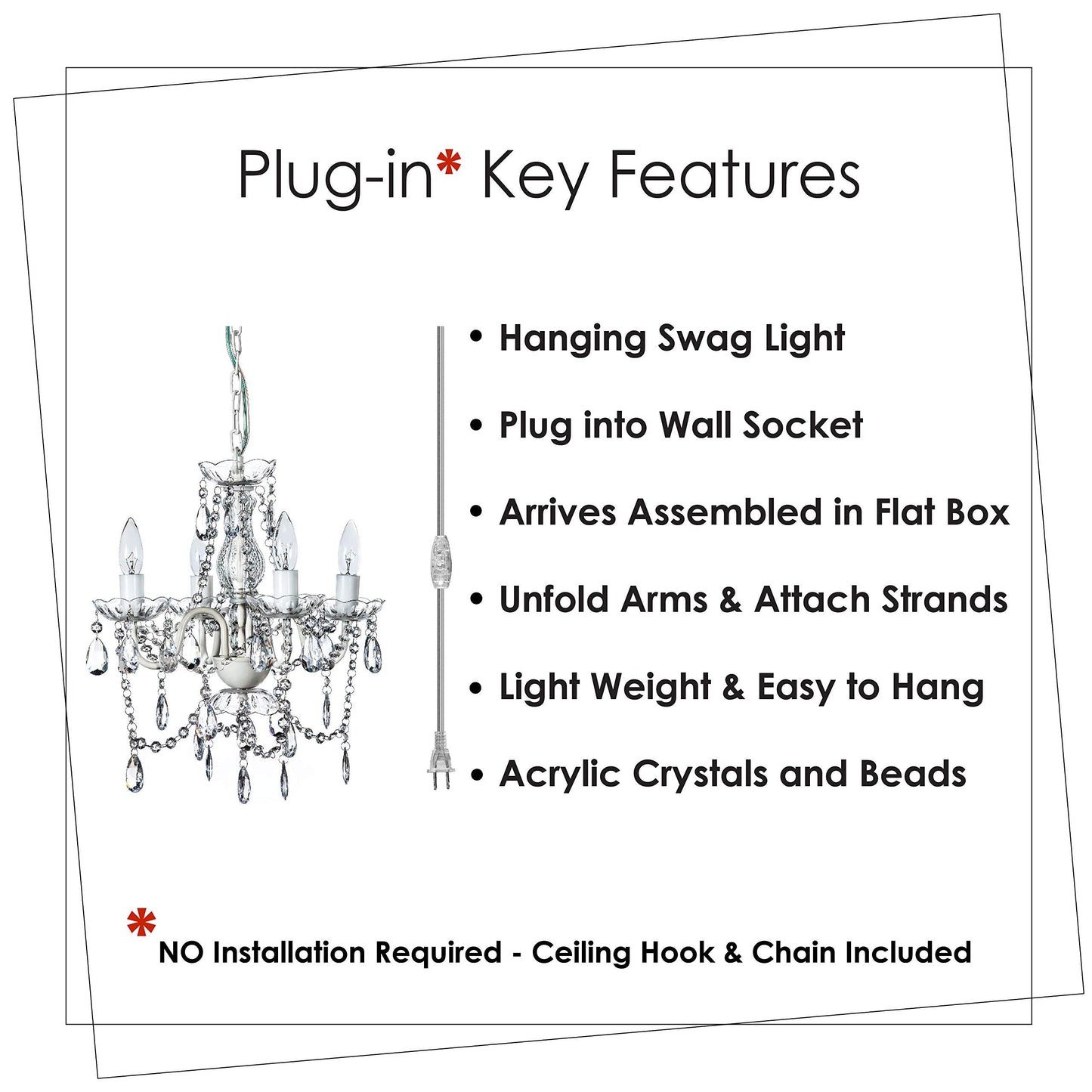 gypsy color The Original Brink House Plug-in 4 Light Crystal White Hanging Chandelier H17.5”xW15”, White Metal Frame with Clear Glass Stem and Acrylic Crystals