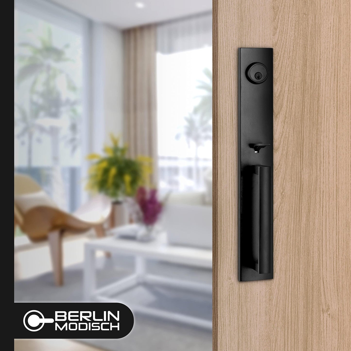 Berlin Modisch Full Escutcheon HandleSet Front Door Entry Handle and Deadbolt Lock Set Slim Square Single Cylinder Deadbolt and Lever Heavy Duty – Iron Black Finish