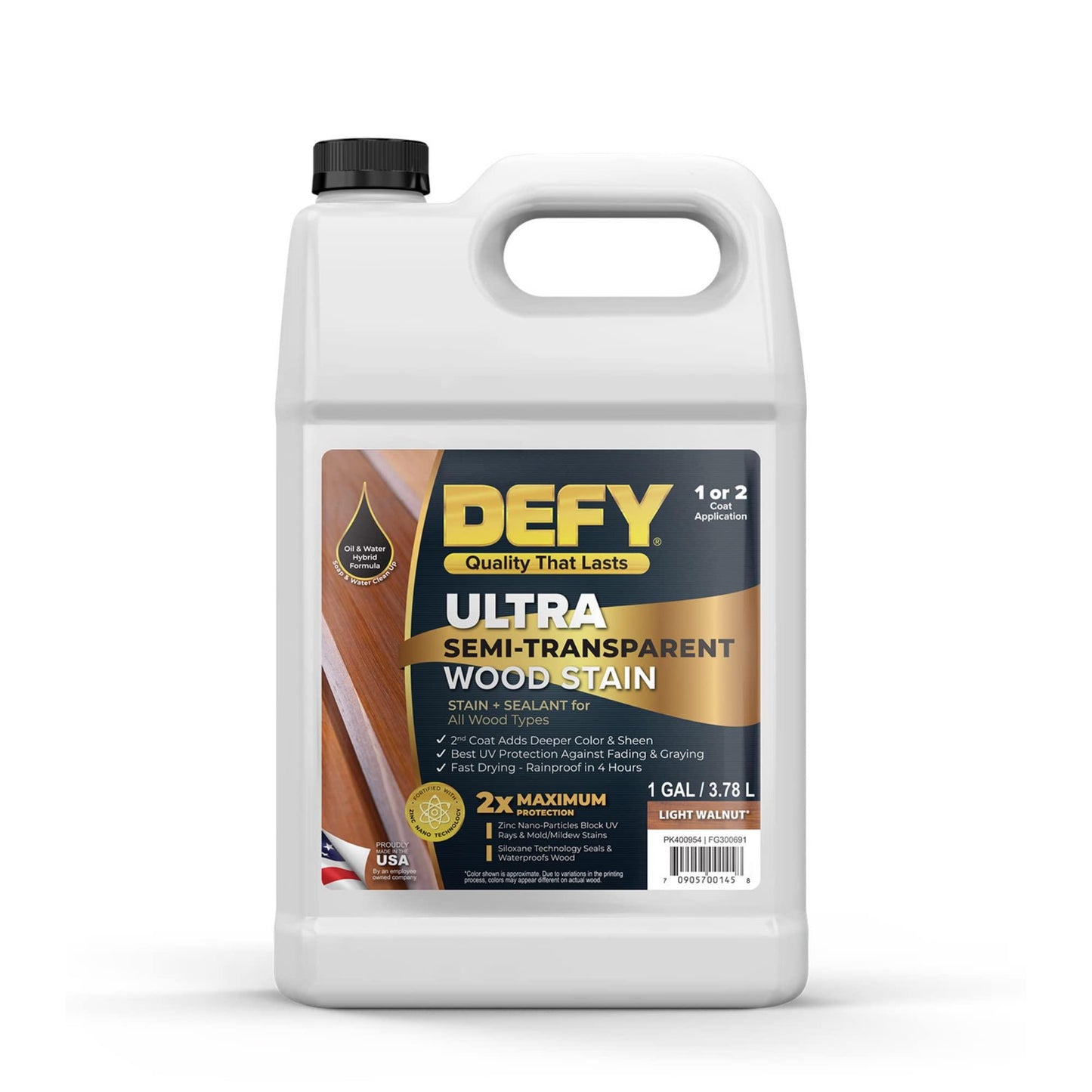 DEFY Ultra Semi Transparent Exterior Wood Stain - Premium Stain & Sealer, 1 Gallon (Light Walnut)