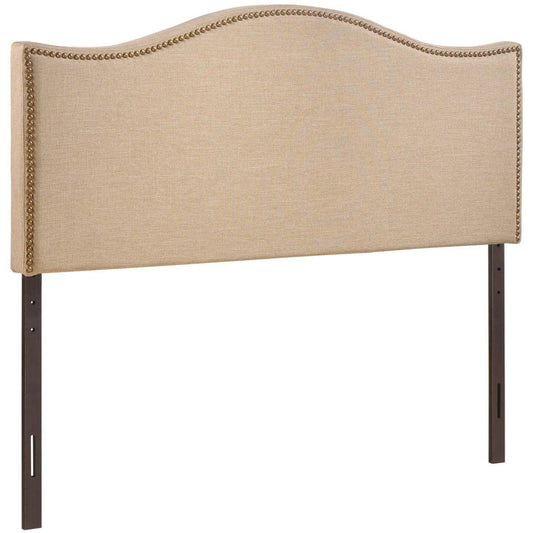 Modway Curl Linen Fabric Upholstered Queen Headboard with Nailhead Trim and Curved Shape in Café