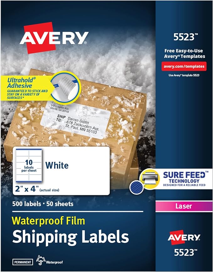 Avery Waterproof Labels with Ultrahold Permanent Adhesive, 2" x 4", Laser, 500 Labels