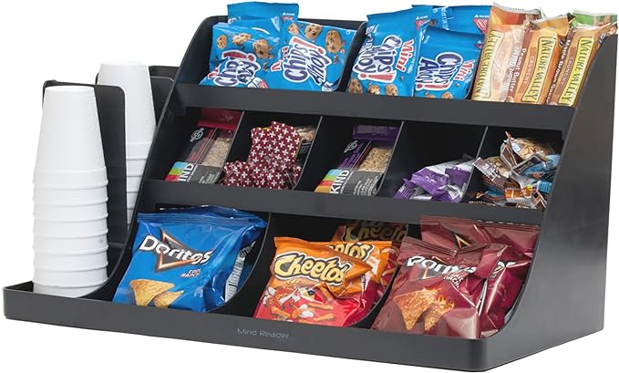 Mind Reader Cup and Condiment Station, Countertop Organizer, Coffee Bar, Kitchen, Stirrers, 24"L x 11.5"W x 12.5"H, Black