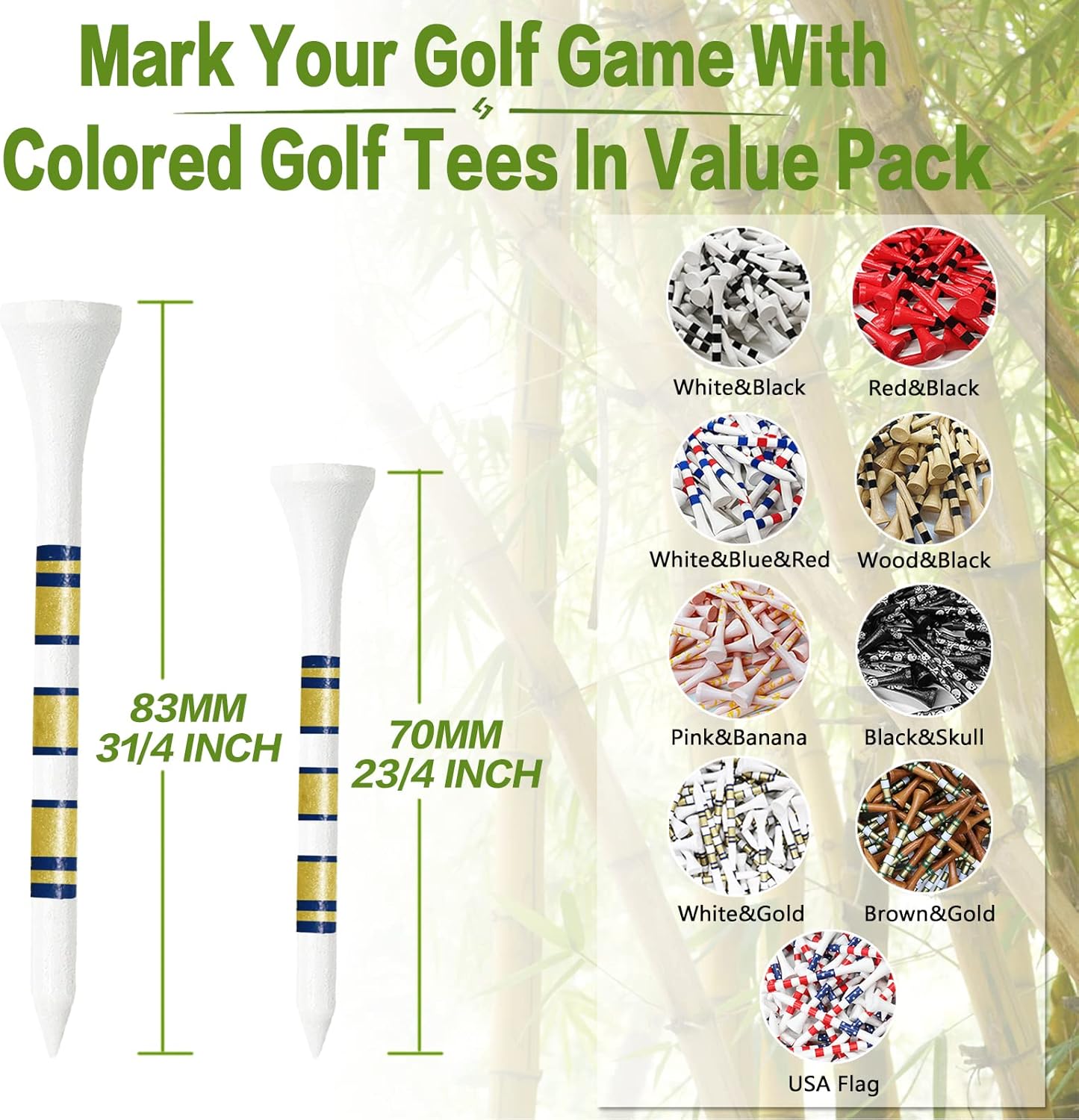 FINGER TEN Golf Tees Wood 3 1/4 2 3/4 Inch Wooden Bamboo 50/120 Count, Durable Biodegradable Colored Bulk Tee 70mm 83mm (White&Gold, 3 1/4 Inch(120 Pack))