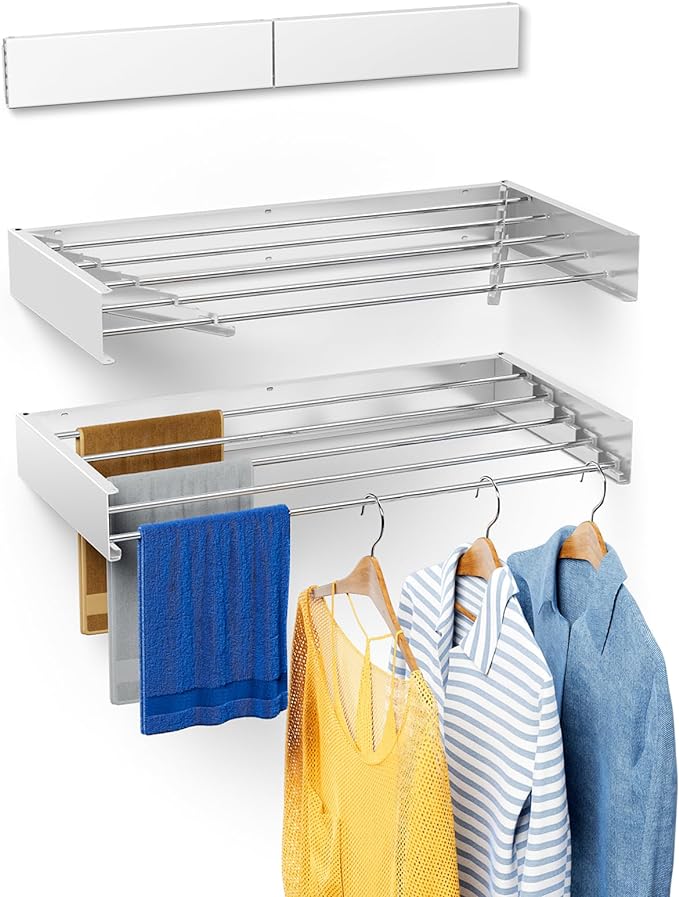 Laundry Drying Rack Collapsible, Wall Mounted Drying Rack, Clothes Drying Rack, Retractable Drying Rack, 31.5" Wide, 13.2 Linear Ft, 5 Aluminum Rods, 60 lb Capacity (White 31.5") Medium