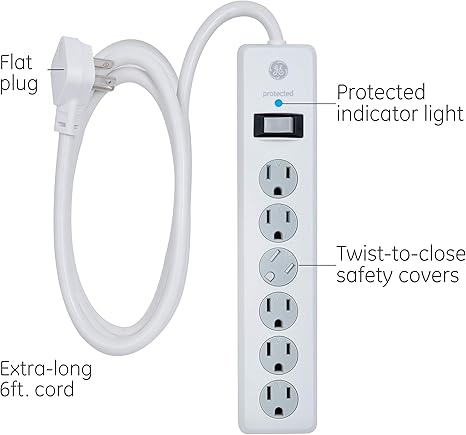 GE 6-Outlet Surge Protector, 10 Ft Extension Cord, Power Strip, 800 Joules, Flat Plug, Twist-to-Close Safety Covers, UL Listed, White, 14092