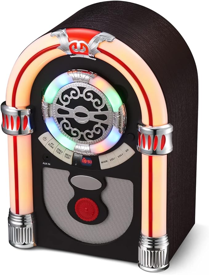 UEME Retro Tabletop Jukebox with Bluetooth, FM Radio, AUX-in Port and Color Changing LED Lights