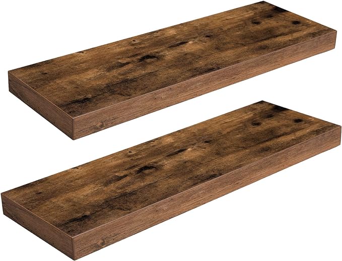 HOOBRO Floating Shelves, Wall Shelf Set of 2, 23.6 Inch Hanging Shelf with Invisible Brackets, for Wall, Bathroom, Bedroom, Toilet, Kitchen, Office, Living Room Decor, Rustic Brown BF60BJ01