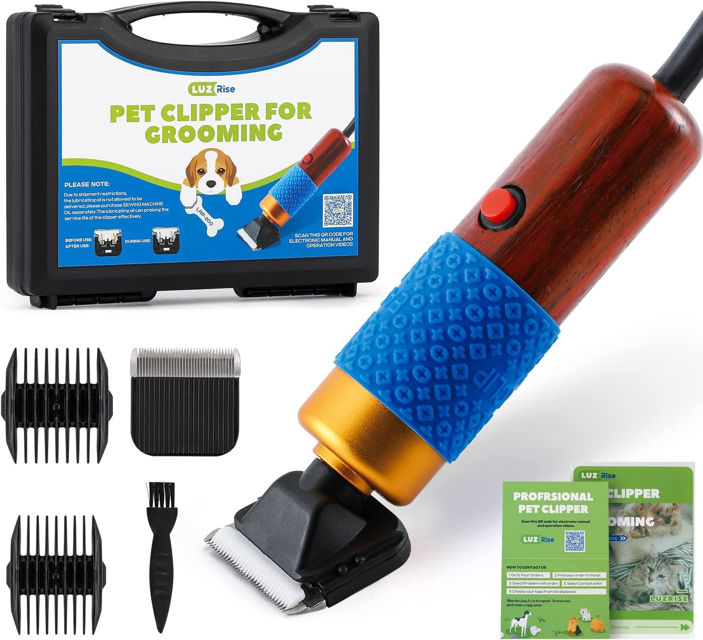 Pet Grooming Clippers 200W, Plug-in with 3m Power Cord & Stepless Speed Control, Low Noise < 50db, Heavy-Duty Dog Hair Trimmer Kit with Extra Detachable Blade & 2 Limit Combs of 4 Sizes