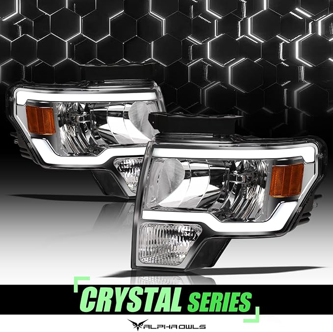 Alpha Owls 8711712 Crystal Headlights With White LED Light Bar - Chrome Amber Fits 2009-2014 Ford F150 Halogen Models