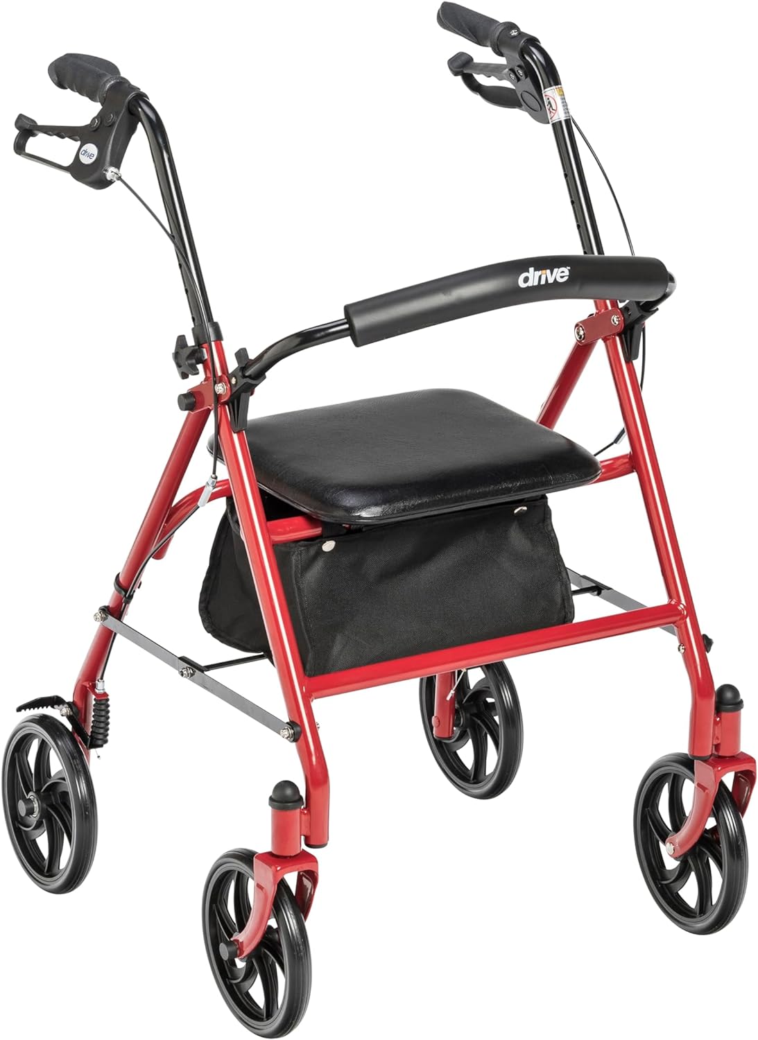 Drive Medical 10257RD-1 4 Wheel Rollator Walker With Seat, Steel Rolling Walker, Height Adjustable, 7.5" Wheels, Removable Back Support, 300 Pound Weight Capacity, Red