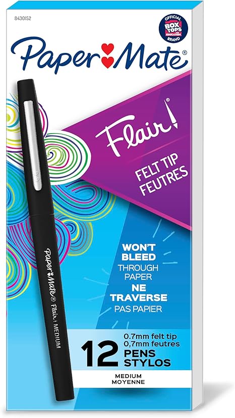 Paper Mate Flair Felt Tip Pens, Medium Point (0.7mm), Black, 12 Count