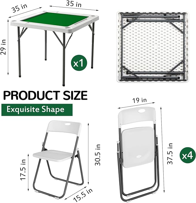 PURPEAK  35" 4 Player Folding Mahjong Table with 4 Foldable Chairs, Durable PE Tabletop, 4 Cup Holders and 4 Chip Trays, Multi Game Card Table for Mahjong, Poker, Dominoes