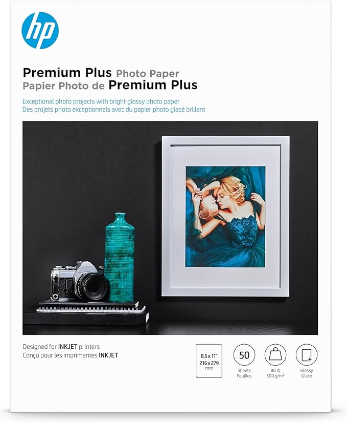 HP Premium Plus Photo Paper, Glossy, 8.5x11 in, 50 sheets