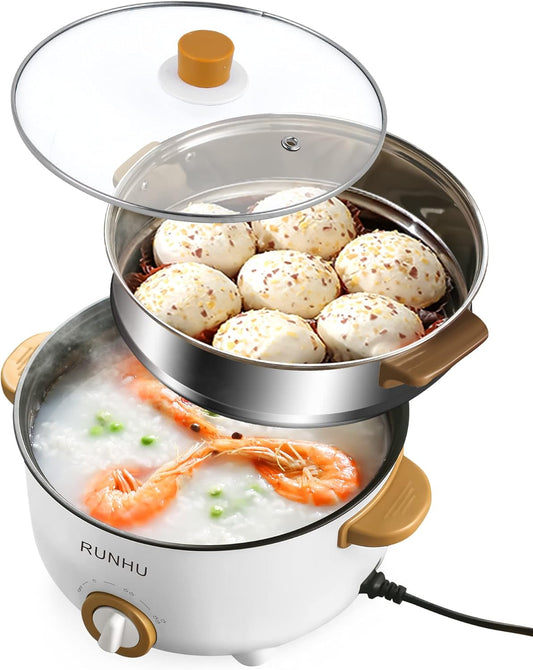 Electric Hot Pot with Steamer, 4L Non-Stick Electric Frying Pan with Multi-Power Control, 3.1" Depth Multifunctional Cooker with Overheating Protection for Shabu Shabu, Noodles, Sauté (White)