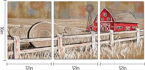 Visual Art Decor Rustic Farmhouse Wall Decor Red Barn Windmill Painting Country Wall Art, Framed Artwork Farmhouse Decor (12"x16"x3 Pieces)