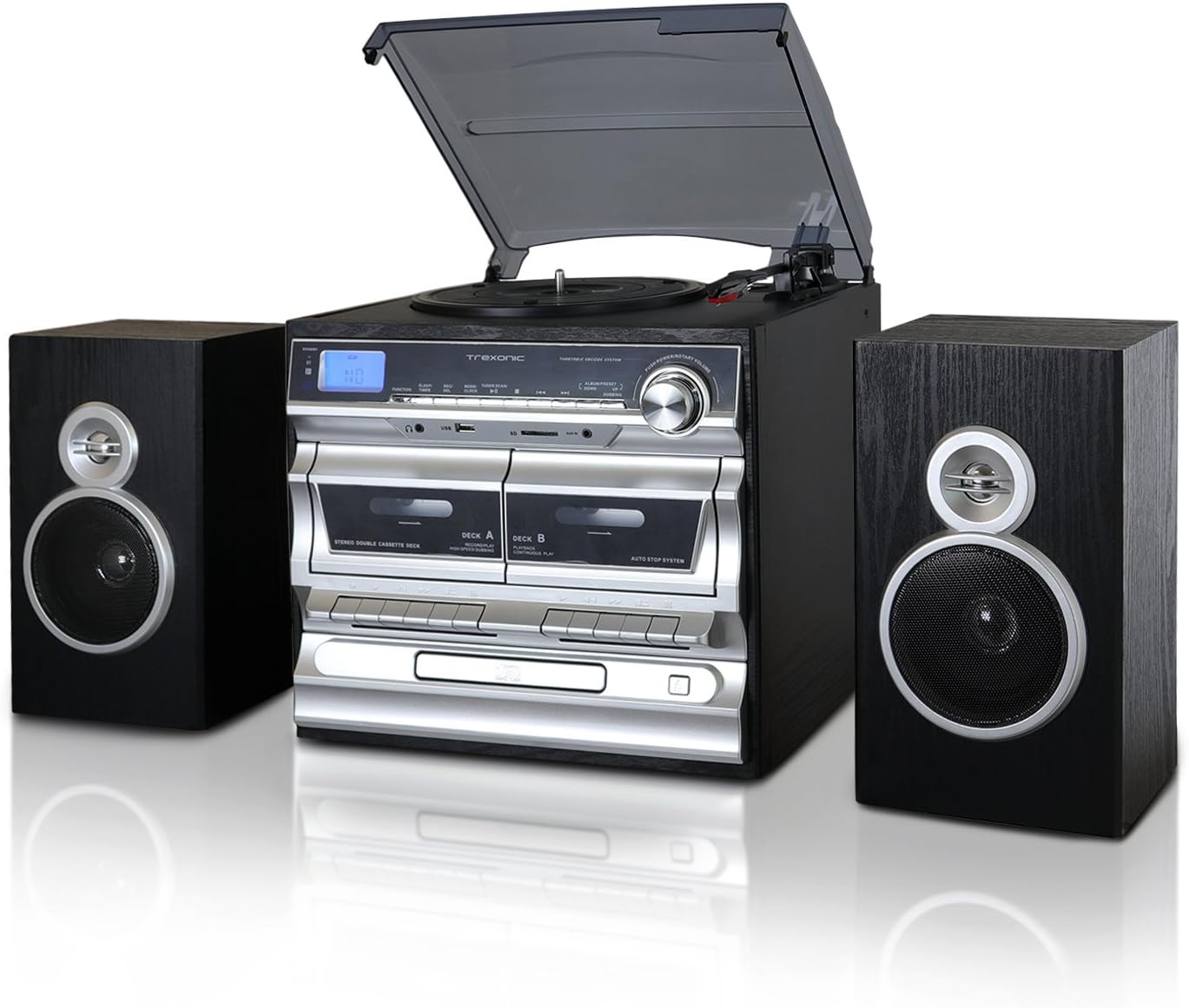 Trexonic 3-Speed Turntable With CD Player, Double Cassette Player, Bluetooth, FM Radio & USB/SD Recording