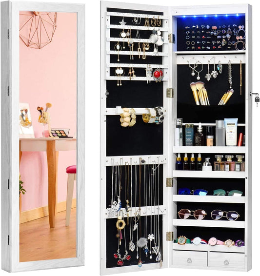 TWING Jewelry Armoire With Mirror For Door, 6 LEDs Over The Door Mirror Jewelry Cabinet, Wall Jewelry Organizer, Lockable Mirror Jewelry Storage, Makeup Organizer WIth White Faux Wood Grain