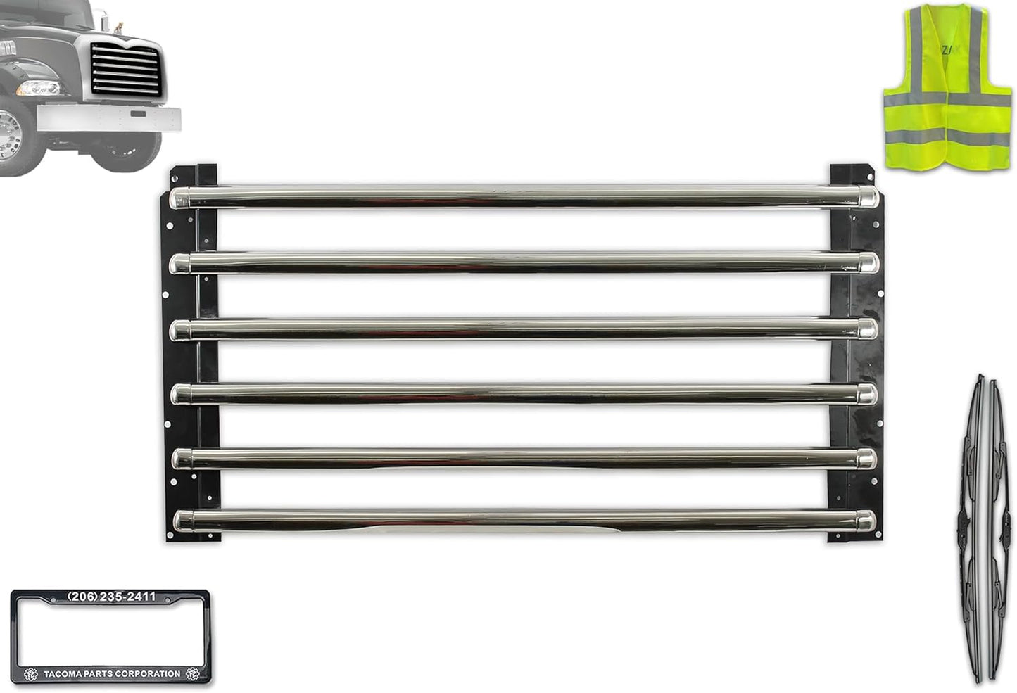 KOZAK Chrome Grille Surround Compatible with Mack CT713, GU713, GU813 Granite 21220233 PLUS 2x 22" Windshield wipers and Vest, Replacement Front Chrome Grille (82720309) For Mack Granite GU GU713 GU813 CT713