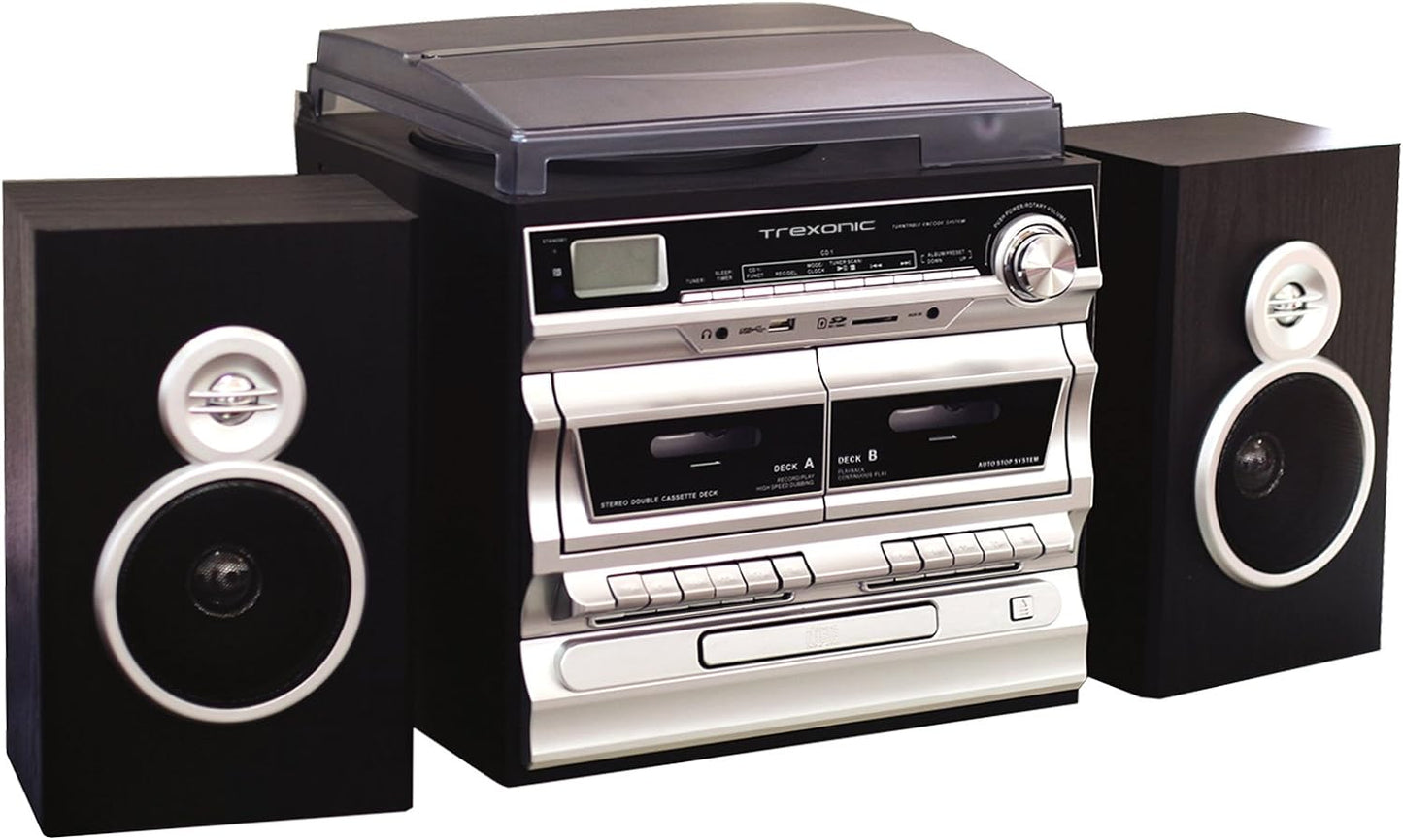 Trexonic 3-Speed Turntable With CD Player, Double Cassette Player, Bluetooth, FM Radio & USB/SD Recording