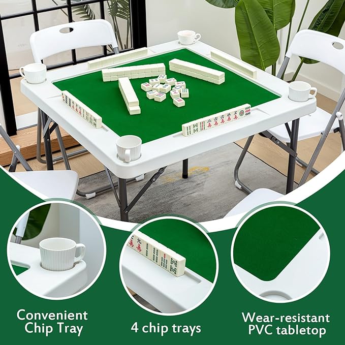 PURPEAK  35" 4 Player Folding Mahjong Table with 4 Foldable Chairs, Durable PE Tabletop, 4 Cup Holders and 4 Chip Trays, Multi Game Card Table for Mahjong, Poker, Dominoes