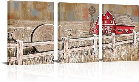 Visual Art Decor Rustic Farmhouse Wall Decor Red Barn Windmill Painting Country Wall Art, Framed Artwork Farmhouse Decor (12"x16"x3 Pieces)