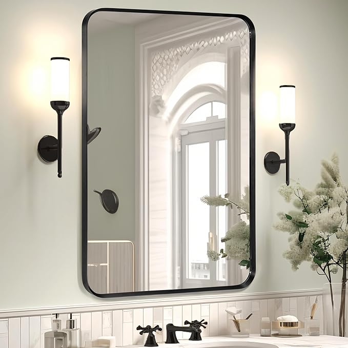 Wall Mount Mirror for Bathroom, Brushed Black Metal Framed Rounded Corner Rectangular Vanity Mirror (24" x 36", Black)