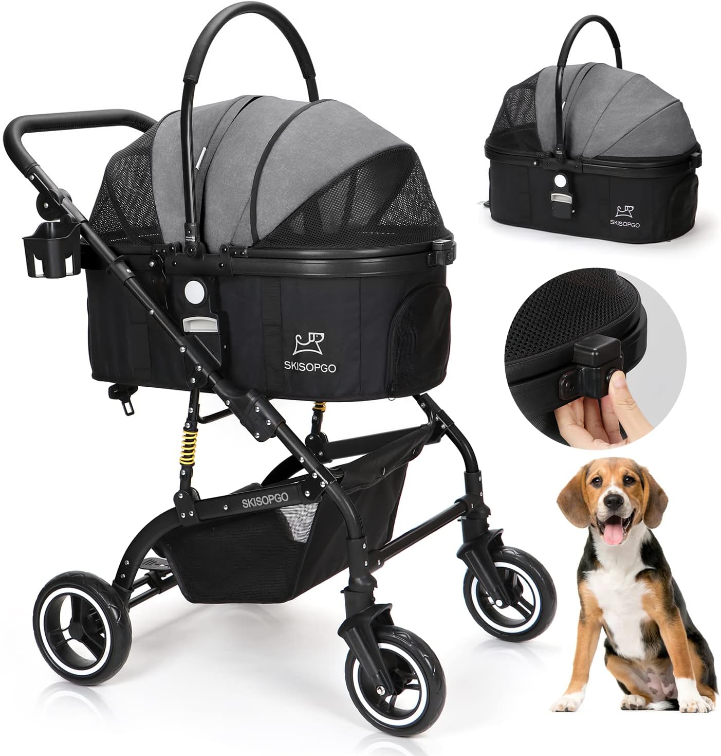 SKISOPGO 3-in-1 Pet Strollers for Small Medium Dogs Cat with Detachable Carrier Foldable Travel Pet Gear Stroller (Gray)