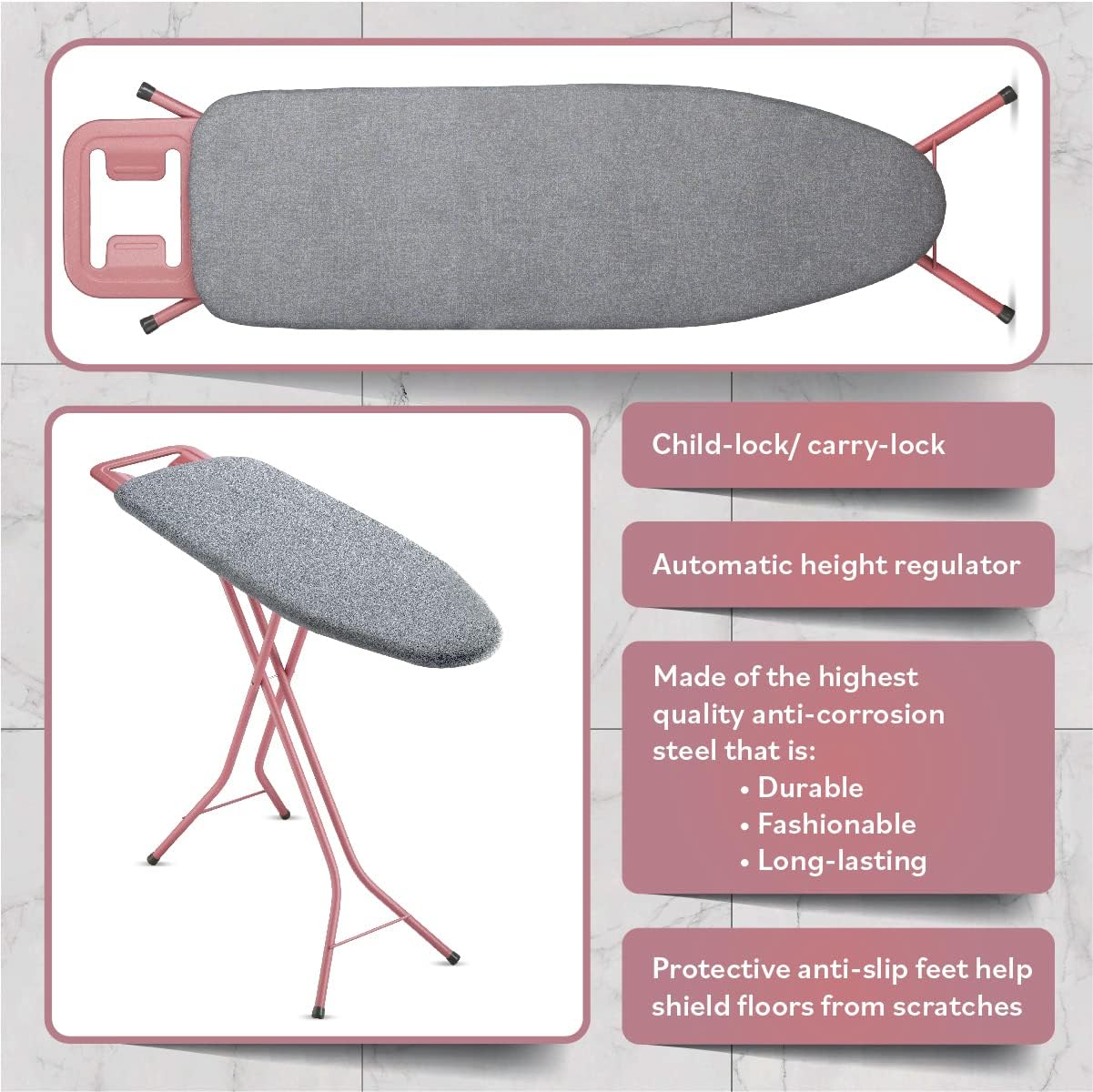 Bartnelli Classic Ironing Board | Made in Europe | Premium Iron Board with 4 Layered Cover & Pad, Height Adjustable up to 36" Features A Safety Iron Rest, 4 Steel Legs (43x14) (Rose/Gray)