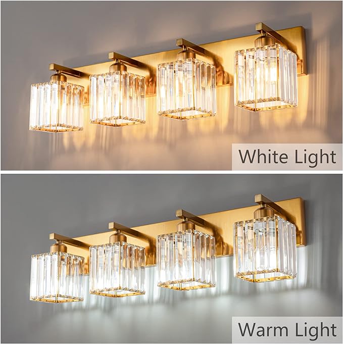 FDPBY Modern Bathroom Vanity Light 4-Lights Modern Gold Brushed Brass Finish Crystal Bathroom Wall Light Bathroom Vanity Light Fixtures