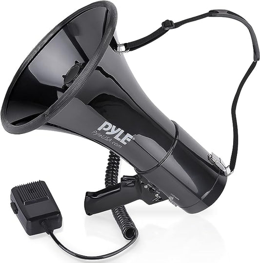 Pyle Megaphone Speaker PA Bullhorn with Built-in Siren 50 Watts & Adjustable Volume Ideal for Football, Baseball, Hockey, Cheerleading Fans & Coaches or for Safety Drills - PMP53IN, Black Aux Input