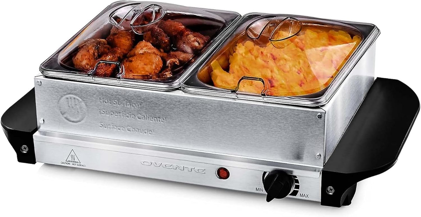 OVENTE Electric Buffet Server and Food Warmer with Temperature Control Perfect for Parties, Dinners and Entertaining, Two 1.5 Quart Chafing Dish Set with Stainless Steel Warming Tray, Silver FW152S