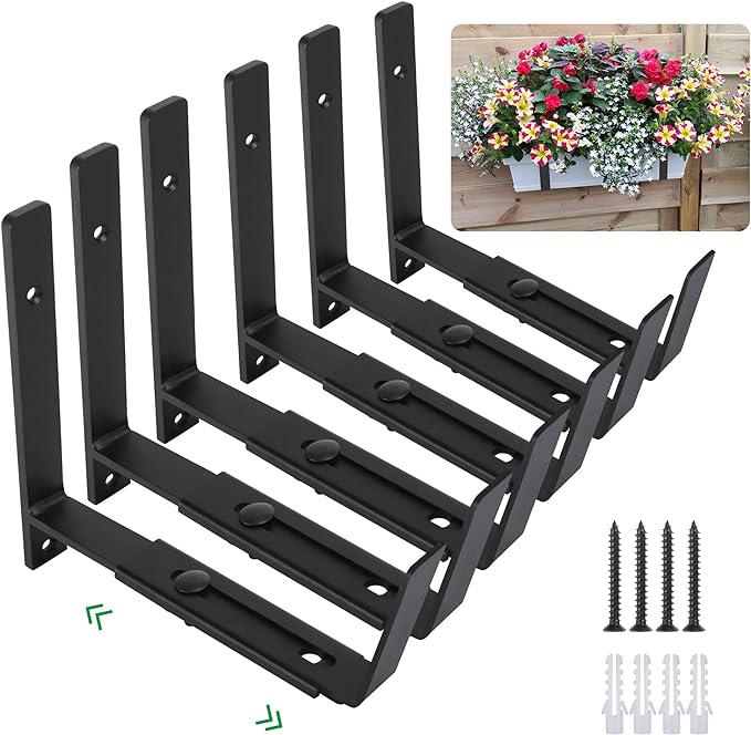 Maotong Adjustable Window Planter Box Brackets 6 Pack, Heavy Duty Wall Mount Flower Box Holder for Planter Box Depth (Front to Back) 6 to 12 Inches, Black