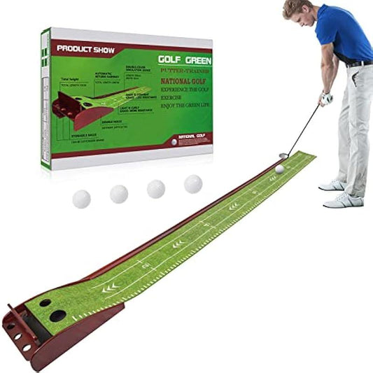 Sesslife Putting Mat for Indoor & Outdoor, Putting Green, 8 FT Golf Putting Mat with 2 Holes and 4 Balls, Auto Ball Return System, Wooden Base and Crystal Velvet Anti-Slip Mat, Gift for Golfers