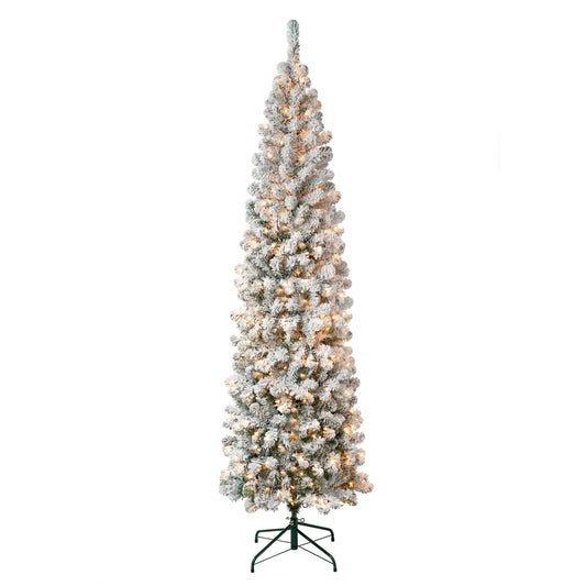 National Tree Company First Traditions Pre-Lit Acacia Flocked Tree Slim Christmas Tree, Clear Incandescent Lights, Plug in, 7.5 ft