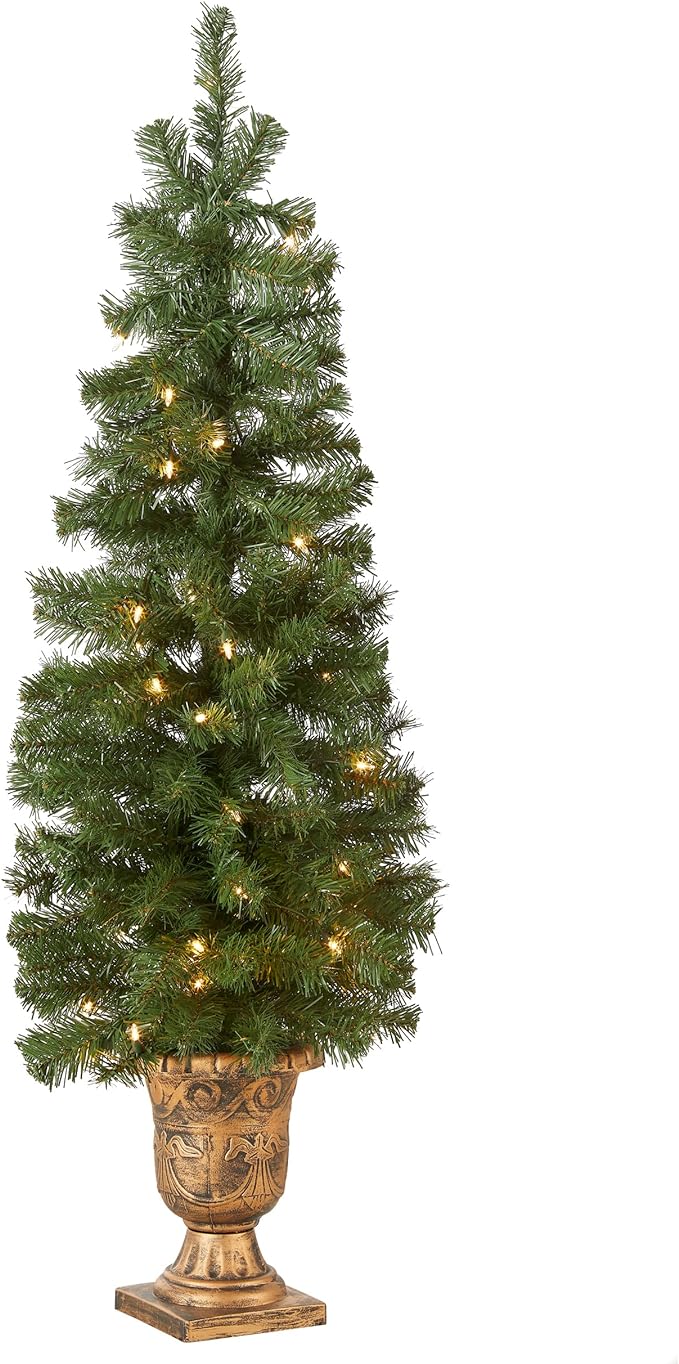 National Tree Company Pre-lit Artificial Tree For Entrances and Christmas| Includes Pre-strung White Lights | Montclair Spruce - 4 ft, Black/Gold