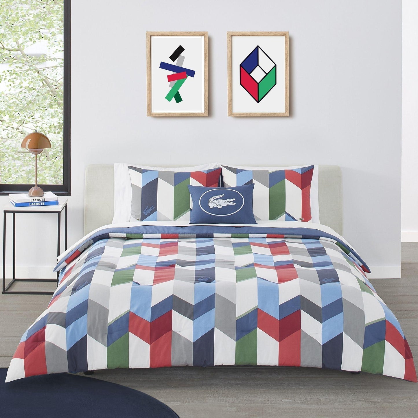 Lacoste Beaumont 100% Cotton, 4-Piece Reversible Comforter Set, Full/Queen, Navy