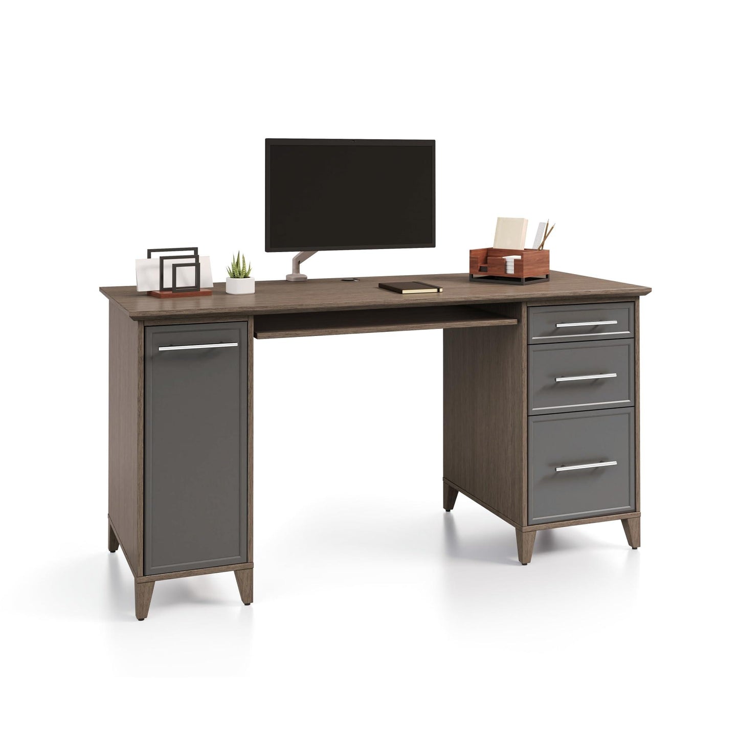 Realspace® Koru 60"W Straight Computer Desk with Integrated Power & Charging, Two-Tone Slate/Gray Oak