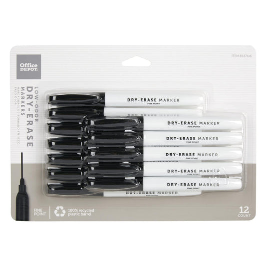 Office Depot® Brand Low-Odor Pen-Style Dry-Erase Markers, Fine Point, 100% Recycled, Black Ink, Pack Of 12