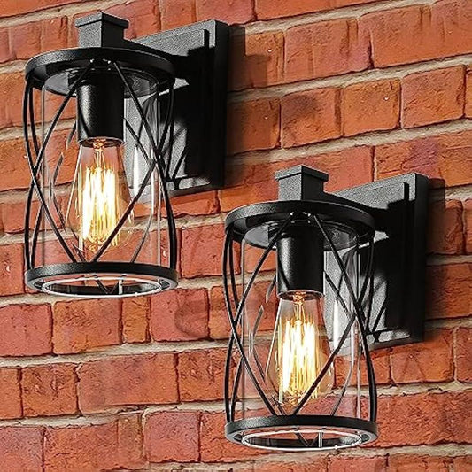 Black Outdoor Light Fixture, Farmhouse Porch Light Waterproof Exterior Wall Light, 2 Pack Outdoor Wall Sconce Lighting Clear Glass for Front Door, Patio, Garden, Yard