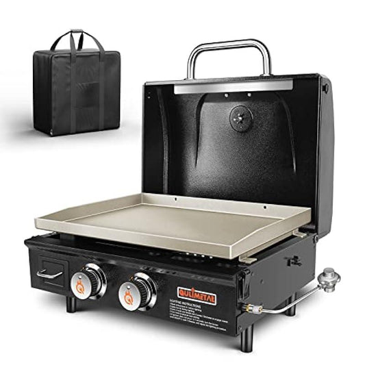 OPEN BOX! QuliMetal Portable Griddle Flat Top Grill 22 Inch Table Top Grill with Hood 2 Burner Propane Grill with Carry Bag Outdoor Griddle Camping Griddle 24,000 BTU 348 Sq 304 Stainless Steel for Tailgating